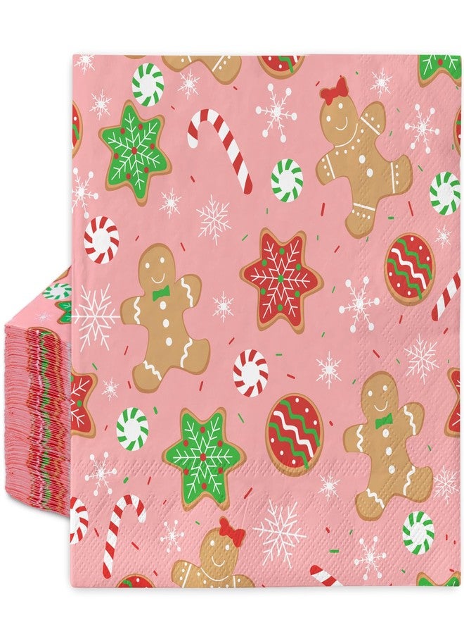 JarThenaAMCS 80Pcs Pink Christmas Paper Napkin Gingerbread Candy Cane Snowflake Disposable Luncheon Napkins Cute Xmas Dinner Hand Napkin for Winter Birthday Baby Shower Party Supplies - Image 1